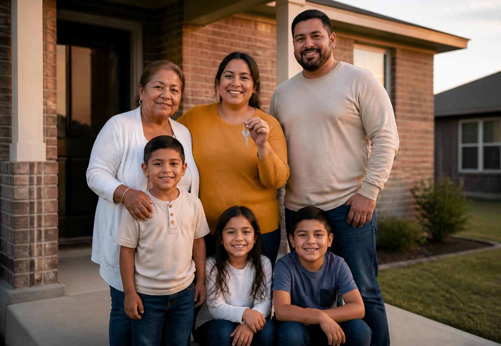 Una familia de Texas con las llaves de su nueva casa en el porche